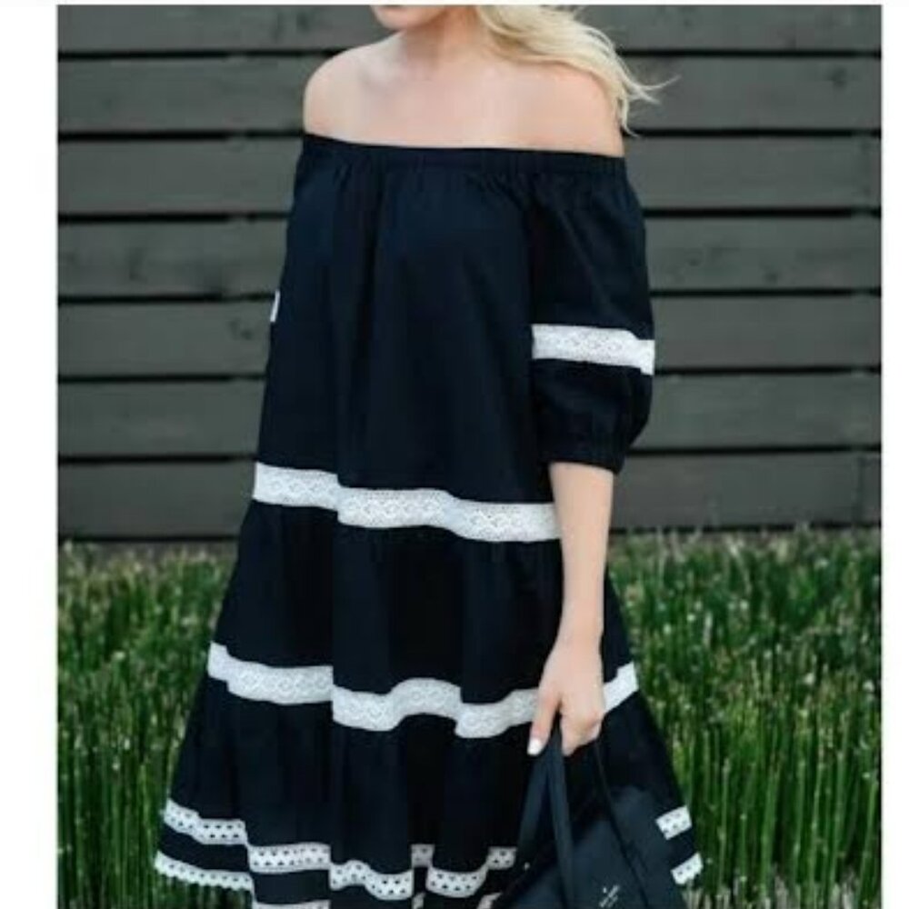 Kate Spade Cotton Off Shoulder Black Boho Flowy Cottage Core Dress